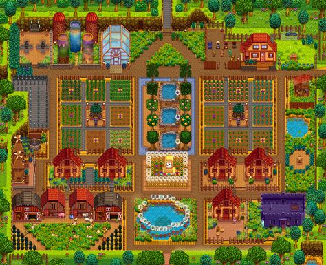 Stardew Valley Standard Farm Design Stardew Valley Greenhouse, Stardew Valley Farm, Stardew Farms, Stardew Valley Layout, Stardew Valley Tips, Stardew Valley Farms, Star Valley, Stardew Valley Fanart, Farm Layout