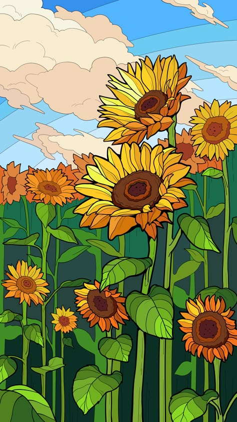 Cartoon Sunflower, Sunflower Illustration, Sky Art Painting, Beautiful Art Paintings, Sunflower Wallpaper, Unique Drawings, Sunflower Painting, Wallpaper For Iphone, Small Canvas Art