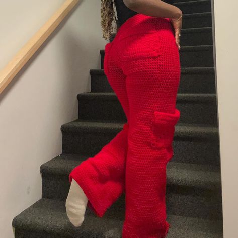 Red Cargo Pants for Valentine’s month is a Yes? Or a Yes? ♥️ #nayspace #crochet #cargopants #fiberartist #valentines #giftideas How To Crochet Pants, Crochet Cargo Pants, Red Crochet Ideas, Learning Knitting, Crochet Trends, Casual Baddie, Red Cargo Pants, Crochet Outfits, Trousers Pattern