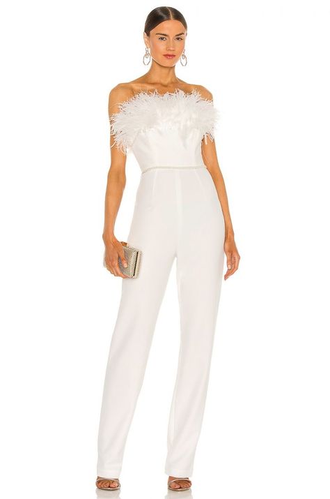 Perfect Bridal Jumpsuits and Pantsuits | Junebug Weddings Feather Jumpsuit, White Jumpsuits, Olivia Rink, Bronx And Banco, Career Girl, Solid Jumpsuit, Bridal Jumpsuit, Wedding Jumpsuit, White Feather