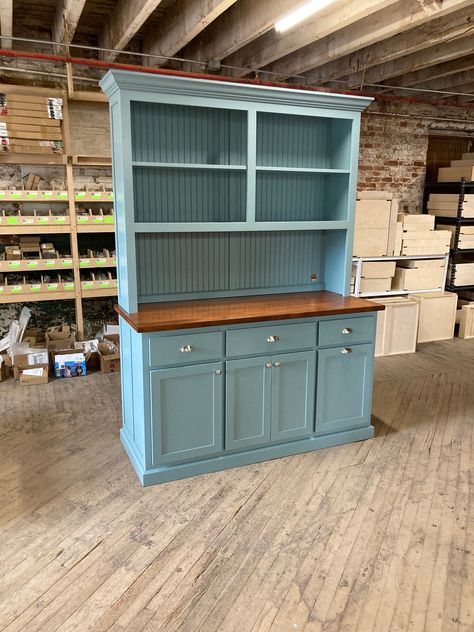 "Farmhouse hutch The base cabinet is approximately 60\" x 24\" x 34.5\" The shelf unit is 60\" x 12\" Maple top 62\" x 25\"  Overall height is approximately 84\" Ships in two pieces.  Rollouts and wastebasket pullout are optional and not included in the listed price. Top will ship unattached for ease of getting the island into your home. Instructions and screws to attach the top are included and will be in the cabinet. Our standard features are: *  Soft close doors *  Soft close under mount drawer slides.  Drawers are full extension. *  Adjustable middle shelf in cabinet (12\" deep) *  Painted one color from our color charts.  * Cabinet is sealed with a satin topcoat for added durability We use maple selected from local mills and only use domestic maple plywood for all of our panel work. W