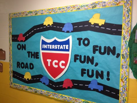 Preschool Summer Camp Road Trip Bulletin Board- On the way to fun, fun, fun Road Trip Bulletin Board, Road Trip Decorations, Transportation Bulletin Board Preschool, Road Bulletin Board, Travel Bulletin Boards, Animals Dangerous, Preschool Summer Camp, Road Trip Theme, Travel Theme Classroom