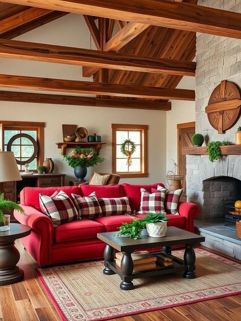 20 Red Couch Living Room Ideas Red Couch Cottage Living Room, Living Room Red Sofa, Red Couch Living Room Ideas, Americana Living Rooms, Green Family Rooms, Red Couch Living Room, Couch Living Room Ideas, Primitive Living Room, Primitive Living