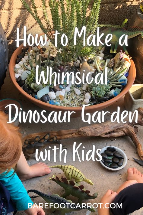 Learn how to create a whimsical dinosaur garden with kids. This project makes a great gift for dinosaur lovers and can be adapted to fit unique interests. Dinosaur Fairy Garden Ideas, Dinosaur Garden Ideas, Dinosaur Fairy Garden, Dinosaur Garden For Kids, Natural Fairy Garden, Dino Garden, Farmhouse Gardens, Dinosaur Small World, Dinosaur Garden