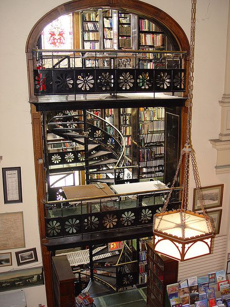 Wrought iron and brass spiral staircase in the Parkersburg Carnegie Library building, which is now Trans Allegheny Books #books #bookstores #library #spiral_staircase Parkersburg West Virginia, Parkersburg Wv, Literary Travel, Carnegie Library, Country Roads Take Me Home, Lan Can, Spiral Staircase, Take Me Home, Book Nooks