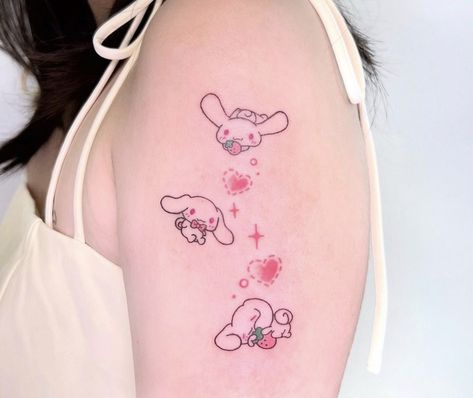 Tattoo Ideas Kawaii, Cutecore Tattoo, Cinnamon Roll Tattoo Sanrio, Matching Tattoos Sanrio, Cinnamon Tattoo, Pink Tattoo Aesthetic, Sanrio Sleeve Tattoo, Simple Sanrio Tattoo, Sanrio Tattoo Ideas