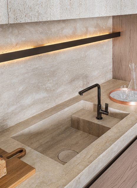 Stone Kitchen Sink, Stone Sink Kitchen, Travertine Bathroom, Travertine Sinks, Japandi Kitchen, Stone Sinks, Pool Hall, Integrated Sink, Stone Bar