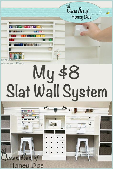 Easy DIY wall storage system! Perfect for craft rooms or workshop storage! #DIY #storage #woodworking #queenbeeofhoneydos Slat Wall Craft Room, Craft Room Storage Wall, Craftroom Storage Wall, Diy Craft Wall Storage, Slat Wall Organization Craft Rooms, Craft Room Wall Storage Diy, Wall Mounted Craft Storage, Diy Slat Wall Storage, Craft Room Storage Cabinets Diy