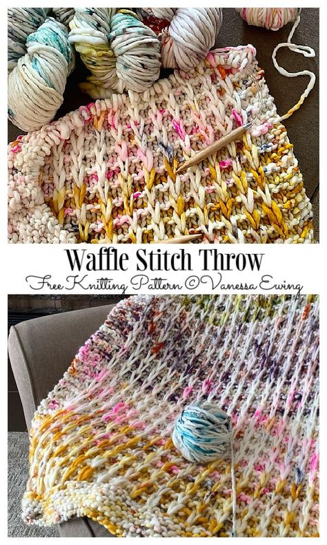 Waffle Stitch Throw Free Knitting Pattern - Knitting Pattern How To Tie A Knitted Scarf, Waffle Stitch Knitting Free Pattern, Chenille Blanket Knitting Pattern, Waffle Stitch Knitting Pattern, Slipped Stitch Knitting Patterns, Small Crochet Ideas, Throw Knitting Pattern, Knit Afghan Patterns Free, Crochet Blanket Stitches