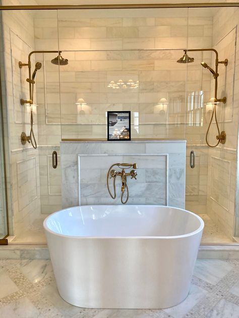 Freestanding Bathtub Backsplash Ideas, Freestanding Tub In Front Of Shower Wall, Shower And Freestanding Tub Side By Side, Shower With Tub In Front Of It, Shower Bathtub Combo Layout, Tub In Front Of Shower Wall Master Bath, Freestanding Tub Ideas, Tub In Front Of Shower Wall, Shower With Tub Inside