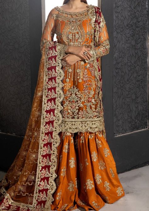 Imrozia Sofi Pakistani Luxury Net Dress - db24447 Nikkah Garara, Orange Gharara, Sharara Style, Outfit Designer, Pakistani Wedding Dress, Net Dress, Readymade Saree, Party Kleidung, Pakistani Wedding Dresses