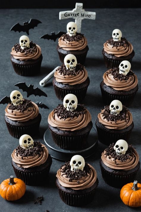 A photo of a  Graveyard Cupcakes which is a type of Halloween chocolate cupcake ideas Witchy Treats, Halloween Cupcake Recipes, Chocolate Halloween Cupcakes, Halloween Mini Cupcakes, Skeleton Cupcakes, Rip Cupcakes, Graveyard Cupcakes, Postres Halloween Ideas, Halloween Cupcake Ideas