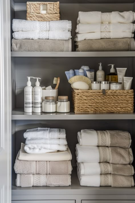 Bathroom Closet Ideas How To Organize Your Bathroom Cabinets, How To Organize Shelves, Bathroom Organization Ideas Storage, Contemporary Bathroom Decor Ideas, Open Linen Closet In Bathroom, Bathroom Ideas Organization, Bathroom Towel Ideas, Towels Organization, Bathroom Closet Ideas