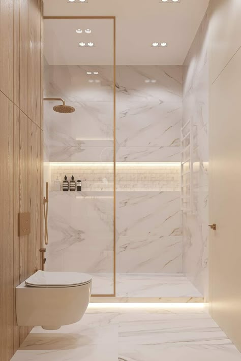 Minimalist Washroom Design, White And Gold Ensuite, Bathroom Interior Design Modern White, Marble And Gold Bathroom, Gold Marble Bathroom, Luxury Room Design, Toilet Design Modern, Bathroom Interior Design Luxury, Bathroom Design Styles