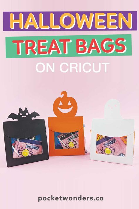 Cricut Halloween Treat Ideas, Cricut Halloween Goodie Bags, Cricut Halloween Treat Bags, Cricut Treat Bags, Cricut Halloween Treats, Halloween Cricut Crafts, Cricut Halloween Projects, Halloween Treat Bag Ideas, Diy Halloween Treat Bags