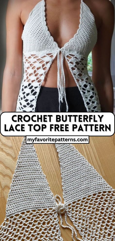 Crochet Butterfly Lace Top Tutorial Butterfly Lace Top, Lace Top Patterns, Crochet Festival Top, Crochet Halter Top Pattern, Crochet Tube Top, Halter Top Pattern, Crochet Lingerie, Crochet Festival, Butterfly Lace