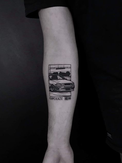 Car Tattoo Designs Men, Nissan Gtr Tattoo, Ae86 Tattoo, Tattoo Ideas For Car Guys, Jdm Car Tattoo Ideas, Nissan Tattoo, Jdm Car Tattoo, Civic Tattoo, Jdm Tattoo Ideas