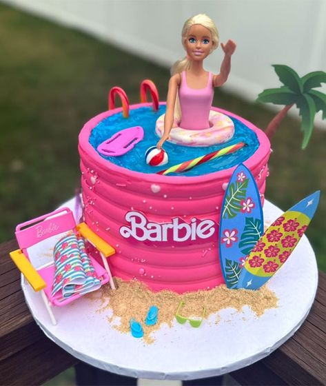 summer-themed cake, summer theme cake, birthday cake, summer vibe cake, colorful cake, colourful cake ideas, tropical vibe cake, sunset tone cake Barbie Swimming Pool Cake, Barbie Pool Party Birthday Cake, Barbie Pool Cake Ideas, Barbie Beach Cake, Barbie Themed Pool Party, Cake Summer Theme, Colourful Cake Ideas, Swimming Pool Cake Ideas, Barbie Pool Party Cake