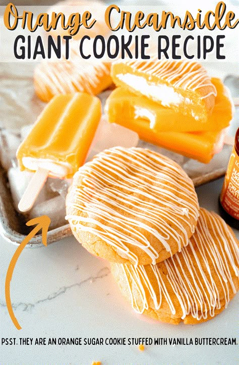 Orange Creamsicle Cookies - Cooking With Karli Orange Creamsicle Crumbl Cookie, Orange Crumbl Cookie, Gourmet Drop Cookies, Summer Flavors Desserts, Best Gourmet Cookie Recipes, Summer Cookie Flavors, Crazy Cookie Recipes, Orange Cookies Recipes, Creamsicle Cookie Recipe