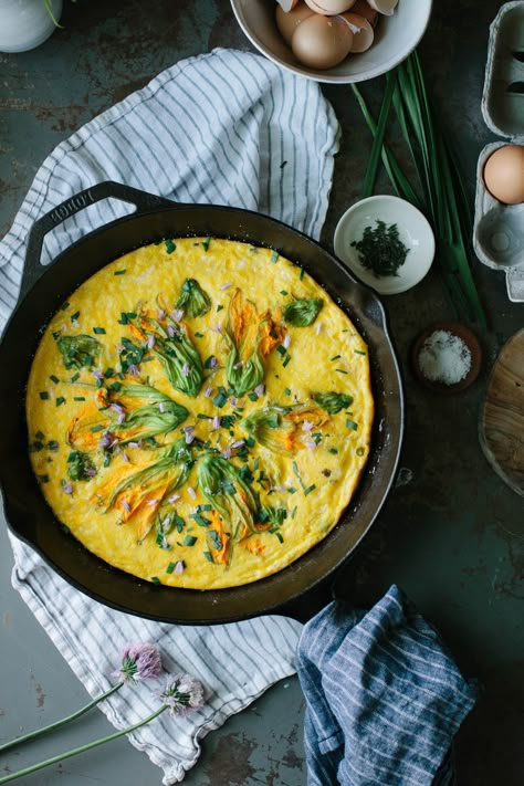 A Daily Something | Squash Blossom Frittata with Chives and Manchego Squash Blossom Recipe, Prepared Eggs, Summer Market, Zucchini Blossoms, Farmers Market Recipes, Squash Blossoms, Harvest Recipes, Squash Blossom, Love Eat