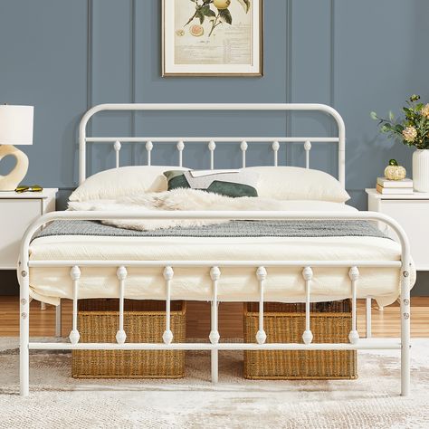 If you are looking for a practical bed frame with a vintage look, this iron platform bed could be a good choice. Inspired by the traditional entrance gates, this bed is crafted of curved lines and round corners in a matte black finish, creating an elegant and warm tone. The bed is crafted with a metal slatted frame for solid support and long-term durability. Cleaning will be super easy, just wipe clean with a soft cloth. The high headboard can protect your head and provide you with a space to si White Metal Bed Frame Bedroom Ideas, White Iron Beds, White Metal Bed Frame, White Metal Bed, Farmhouse Style Bedding, Vintage Bed Frame, High Headboard, Bed Platform, Double Bed Frame