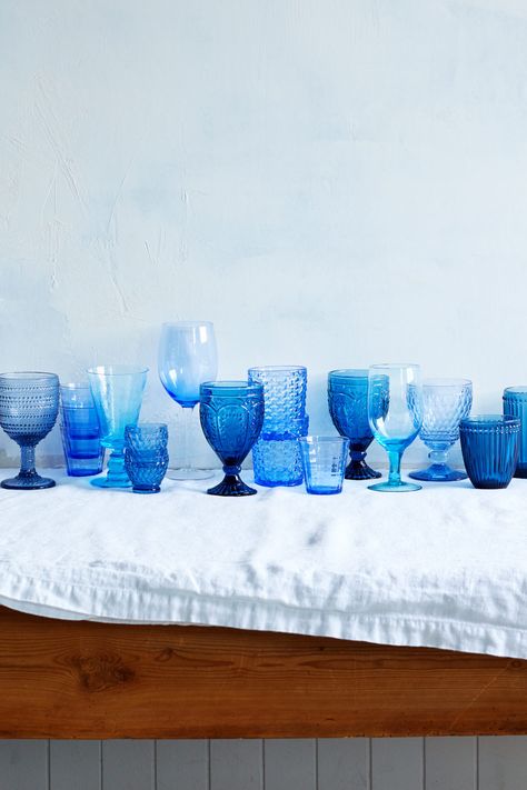 Blue Water Glasses Wedding, Blue Glass Cups, Mix And Match Glassware, Blue Glassware Wedding, Thrifted Cups, Blue Glass Decor, 1989 Party, Cobalt Blue Glassware, Shades Of Blue Wedding