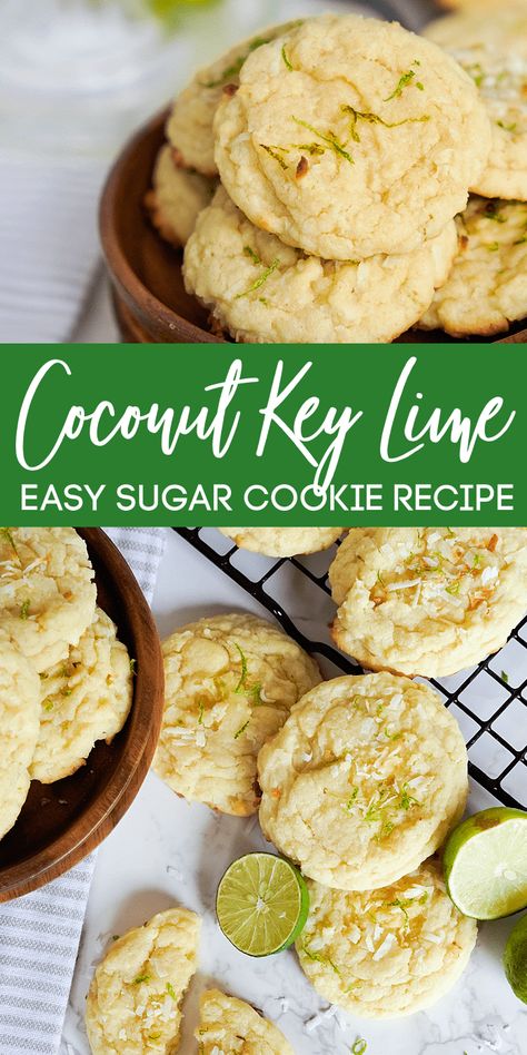 Coconut Key Lime Cookies! Easy Sugar Cookie Recipes with Coconut and Lime! The perfect spring and summer cookies for any occasion or party! Cookies With Coconut Flakes, Cookies For Summer, Coconut Lime Cookies, Key Lime Cookie Recipe, Lime Sugar Cookies, Summer Cookie Recipes, Cookies With Coconut, Cookies Soft And Chewy, Easy Pineapple Cake