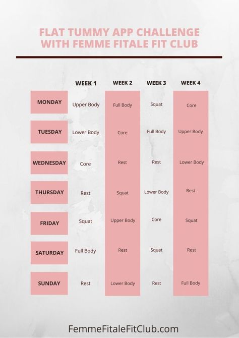 Download and workout with the Flat Tummy App for 4 weeks. Want a schedule of the workouts laid out for you? Then follow this challenge calendar, download it or share on Pinterest as well as share with friends and have them join you. #flattummychallenge #flattummyapp #flattummy #fitnessapp #workoutapp #exercises #womenshealth #exercisesforwomen Tummy Challenge, 4 Week Challenge, Tummy Exercises, Challenge Calendar, Body Squats, Flat Tummy Workout, Fit Club, Women Supplements, Healthy And Fit