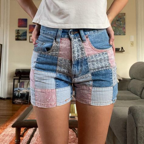 vintage patchwork jean shorts. size us... - Depop Doc Outfits, Patchwork Jean Shorts, Diy Jean Shorts, Thrift Manifestation, 90s Shorts, Textiles Projects, Patchwork Shorts, Diy Shorts, Denim Crafts