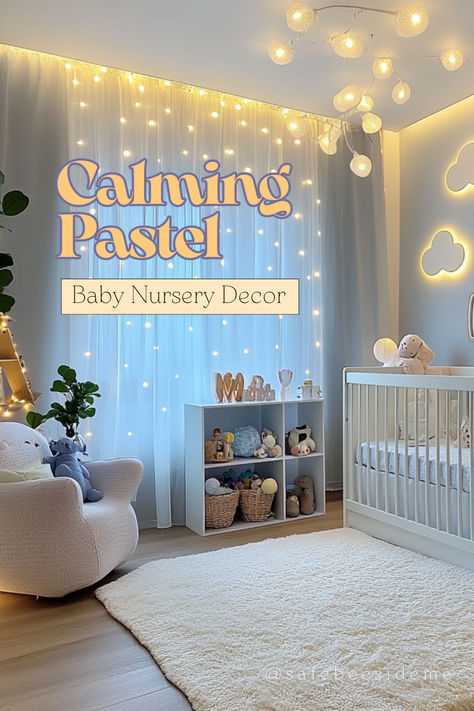 A calming pastel nursery featuring soft pastel-colored walls and a white crib adorned with plush toys and a cozy rug. The room includes minimalistic wall art and soft lighting from battery-operated cloud lights, adding a warm glow to the space. A small plant adds a touch of nature. *Purchasing through our links may earn us a small commission. Relaxing Nursery Ideas, Sky Themed Nursery, Lamp For Nursery, Hanging Cloud, Star Themed Nursery, Cloud Night, Hanging Clouds, Cloud Night Light, Cloud Theme