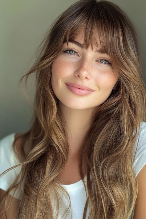 Fall Brunette Hair Curtain Bangs, Long Brown Hair With Highlights And Bangs, Face Framing Haircut With Bangs, Wisp Bangs Long Hair, Bronde Haircolor With Bangs, Long Blonde Hair Styles With Layers Side Swept Bangs, French Bangs Blonde, Side Bangs Brunette, Long Hair Bangs Haircut