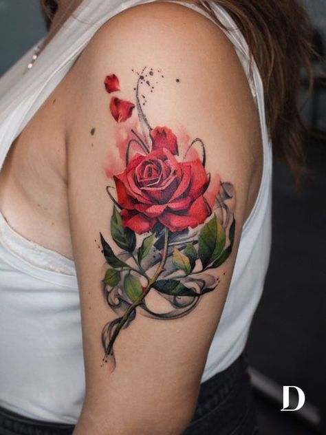 Watercolor Rose Tattoo, Coloured Rose Tattoo, Colorful Rose Tattoos, Watercolor Rose Tattoos, Rose Drawing Tattoo, Rose Tattoos For Women, Red Rose Tattoo, Skeleton Hand Tattoo, Vine Tattoos