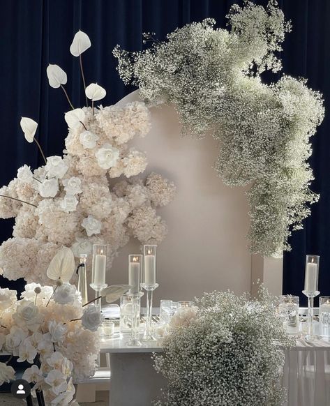 Bridal Shop Decor, Bride Groom Table, Bridal Backdrops, Gypsophila Wedding, Elegant Wedding Themes, Event Stylist, Wedding Backdrop Design, White Wedding Flowers, Wedding Decor Elegant