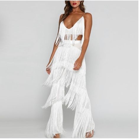 NEW! Host Pick! White Fringe Jumpsuit (Tassel) Whiskey Bent And Veil Bound, Fringe Jumpsuit, White Fringe Dress, Rope Dress, Women Romper, Fringe Pants, Lace Up Leggings, Lace Leggings, White Fringe