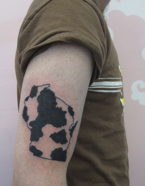 Wisconsin in cow print tattooed by Kendal at Damask Tattoo Wisconsin Tattoo Ideas, Cow Print Tattoo, Tattoos Cow, Wisconsin Tattoo, Damask Tattoo, Cow Tattoos, Bff Tats, Milwaukee Skyline, State Tattoos