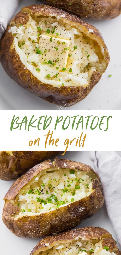 These baked potatoes are cooked on the grill, making them a super easy side dish to make whenever you're grilling out! They have crispy skin and are so fluffy on the inside, plus they're naturally vegan and Whole30 compliant. Load them up with plenty of toppings and serve alongside grilled protein. #grill #grilled #whole30 #healthy #summer Grilling Baked Potatoes In Foil, Baked Potatoes On The Grill, Grilled Protein, Bbq Baked Potatoes, Potatoes On The Grill, Grilled Baked Potatoes, Cooking Baked Potatoes, Best Baked Potato, Grilled Recipes