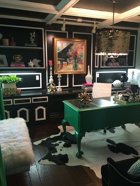 Maximalist Small Home Office, Moody Maximalist Home Office, Moody Maximalist Decor Office, Eccentric Office, Maximalist Decor Black Wall, Maximalist Decor Leopard, Eclectic Home Office, Luxe Office, Glamorous Interior Design