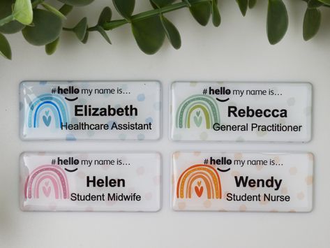 Resin Finish Personalised Rainbow polka Dot Hello My Name Is Name Badge Nurse Midwife Hospital NHS Practitioner Nursery Preschool 76 x 32mm by BadgemasterShop on Etsy Nursery Preschool, Student Midwife, Rainbow Names, General Practitioner, Nurse Midwife, Rainbow Polka Dots, Name Badges, Hello My Name Is, Nursing Students