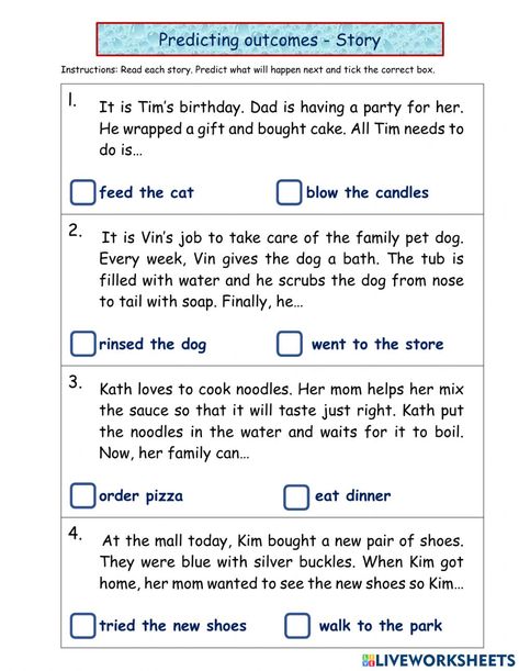 Story Prediction Worksheet, Predicting Outcomes Worksheet, Multiple Choice Test, Reading Stories, Forgot My Password, What Do You See, Multiple Choice, Grade 2, School Subjects