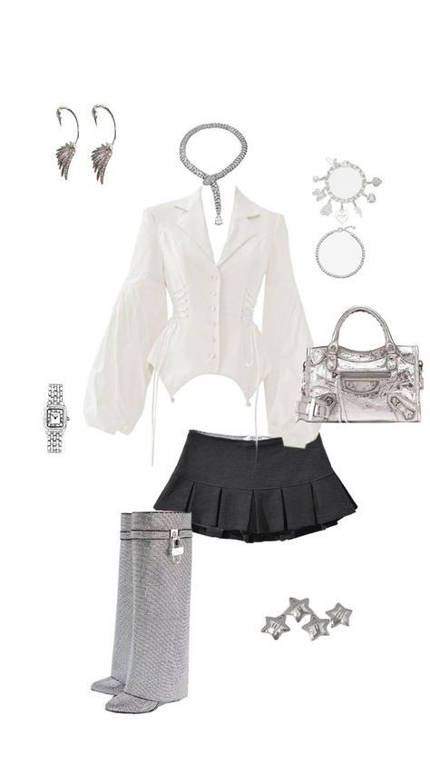 silver themed outfit, givenchy boots, white top Givenchy Boots Outfit, Givenchy Outfit, Givenchy Boots, Boots White, White Swan, Themed Outfits, Boots Outfit, White Top, White Tops