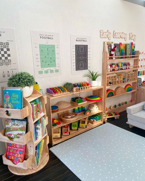 Childcare Rooms Layout, Learning Playroom Ideas, In Home Montessori Daycare, Daycare Toy Organization, Toddler Homeschool Setup, Kids Playroom Aesthetic, Infant Playroom Ideas, At Home Preschool Room, Playroom Set Up