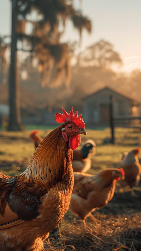 Experience the quiet strength of farm life as a proud rooster, his comb glowing like embers, surveys his domain. Behind him, the misty farm basks in the gentle embrace of sunrise. #SunriseFarm #GoldenGlow #ChickenWallpaper#CountrysideCharm #summerwalpaper Sunrise Farm, Puppy Clipart, Chicken Pictures, Big Farm, Farm Pictures, Animals Farm, Farm Photography, Farm Eggs, Pig Farming