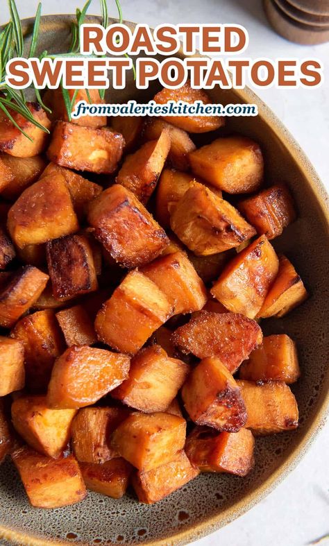 Tender, slightly caramelized Roasted Sweet Potatoes are a wholesome and versatile side dish. Roast a sheet pan full for an easy, delicious meal. Sweet Potato Oven, Sweet Potato Recipes Roasted, Thanksgiving Dinner Menu, Cooking Sweet Potatoes, Roasted Salmon, Roasted Butternut Squash, Roasted Carrots, Thanksgiving Side Dishes, Sweet Potato Recipes