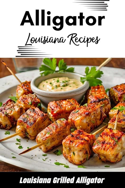 Grilled Louisiana Cajun Alligator Bites Recipe Smoked Gator Recipe, Alligator Sausage Recipes, Gator Recipes Dinners, Alligator Tail Recipes, Alligator Meat Recipes, Alligator Recipes Louisiana, Alligator Fillet Recipe, Alligator Recipes, Fried Alligator Recipe