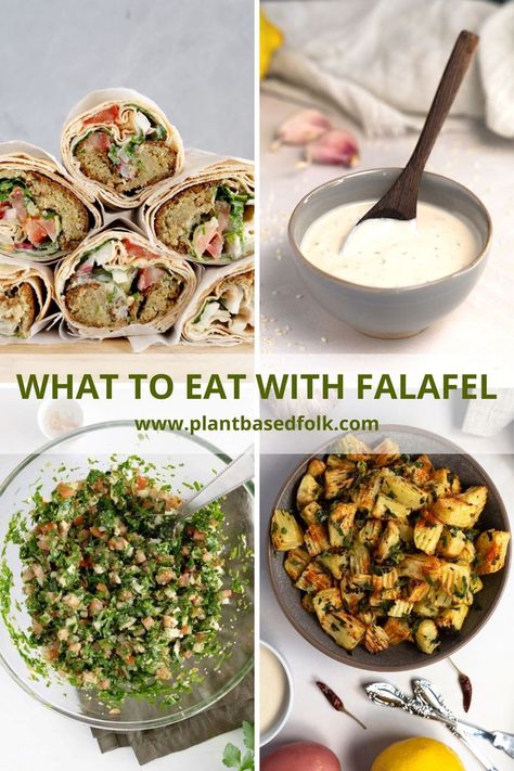 falafel sandwiches, white sauce, green salad, fried potato cubes with text "what to eat with falafel" Cucumber Yogurt Salad, Falafel Balls, Lebanese Garlic Sauce, Falafel Pita, Falafel Sandwich, Falafel Wrap, Pita Sandwiches, Falafel Recipe, Wfpb Recipes