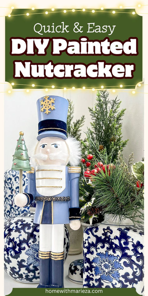 A Wooden Nutcracker Painted in Shades of blue as a fun Christmas DIY decor project. In the background there are greenery arranged in blue and white vases. Nutcrackers Diy Paint, Paint A Nutcracker, Hand Painted Nutcracker, Painted Nutcracker, Nutcracker Diy, Diy Nutcracker, Wood Nutcracker, Easy Diy Paint, Christmas Decorations Easy