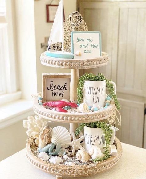 Summer Tiered Tray Decor Ideas, Diy Trays, Tiered Tray Ideas, Tiered Tray Stand, Summertime Decor, Summer Tiered Tray, Diy Beach Decor, Coastal Farmhouse Decor, Tier Trays