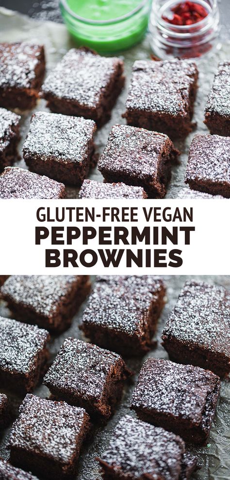 Fudgy, rich and chocolatey, these vegan peppermint brownies make a delicious treat that's easy to make. They’re finished with a minty icing, ready to served as a perfect dessert. #veganbrownies #veganchocoalate Peppermint Icing, Gluten Free Christmas Desserts, Chocolate Granola Bars, Vegan Brownies Recipe, Peppermint Brownies, Mint Brownies, Sweet Potato Brownies, Vegan Christmas Recipes, Gluten Free Christmas