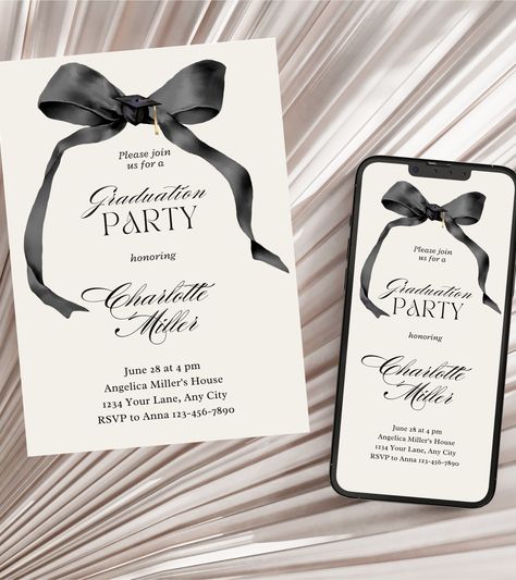 "Elevate your celebration with this Minimalist Graduation Party Invite Template for the Class of 2024. This versatile template includes one design in four formats, featuring three editable graduation cards and one editable electronic option. Easy for parents to use, it offers the flexibility to print or send digitally. Make your graduate's day special - order now! ○ SPECIFICATIONS 🔹️Editable Graduation Invitation - Front + Back 4x6\"  🔹️Editable Graduation Invitation - Front + Back 5x7\"  🔹️Editable Graduation Invitation - Front + Back A5 (148 x 210mm)  🔹️Editable Graduation Electronic Invitation 1125x2436 px  ○ HOW TO 1. Tap \"Add to Cart\" and complete payment. 2. Wait for Etsy's email with the download link or find your purchased files within your Etsy account. Go to You > Purchases Graduation Card Invitations, Graduation Celebration Invitations, Digital Graduation Invitations, Invitation Card Design Graduation, Graduation Invitation Card Design, Grad Invite Ideas, Graduation Party Invitation Ideas, Black Grad Party, Digital Invite Design