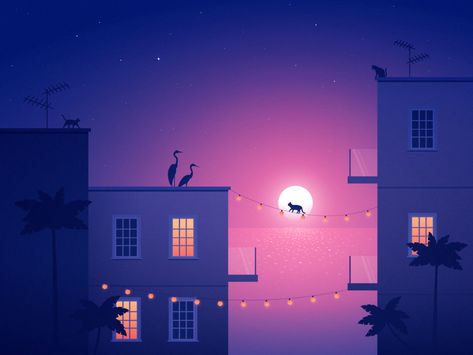 Rooftop Illustration Night, Flat Art Illustration, Relaxing Illustration, Night Digital Art, Beach Animals, Illustration Night, Game Concept Art, Pink Sunset, Landscape Illustration